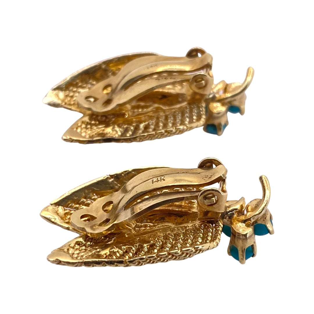 14K Yellow Gold Leaf Turquoise Clip-On Earrings