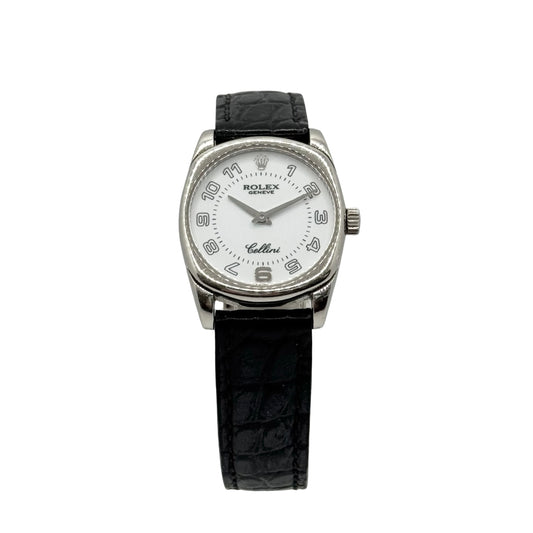 Rolex Cellini Danaos 18K White Gold White Dial Black Leather Strap 6229/9