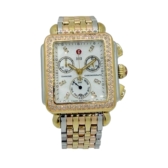 Michele Deco Tri-Tone Quartz Chronograph Mother-of-Pearl Dial with Diamonds MWW06P000077