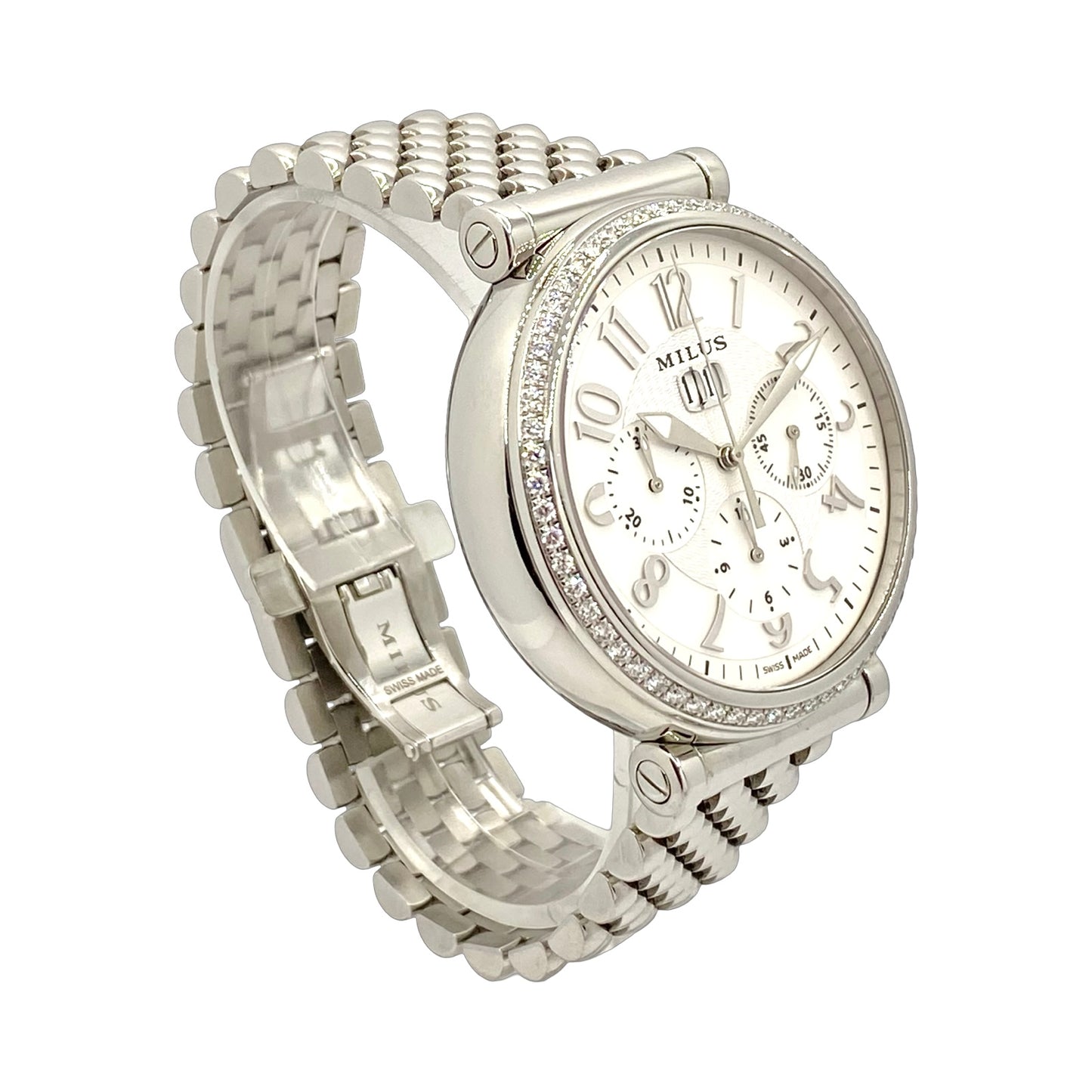 Milus Zetios Joaillerie Automatic Chronograph Date Mother-of-Pearl Dial Diamond Bezel on Steel Bracelet  ZETC023