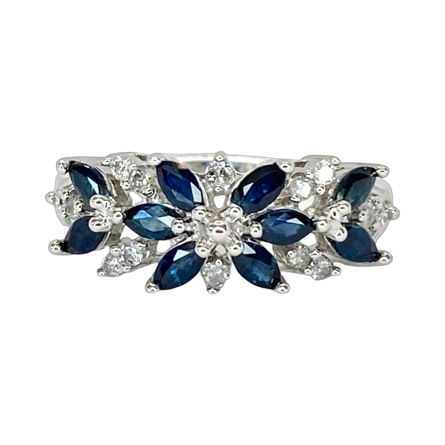 10K White Gold Marquise Blue Sapphires and Diamond Ring