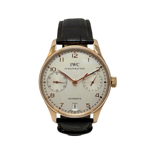 IWC Schaffhausen 18K Rose Gold Portugieser 7 Day Power Reserve Silver Dial Black Leather Strap IW500113