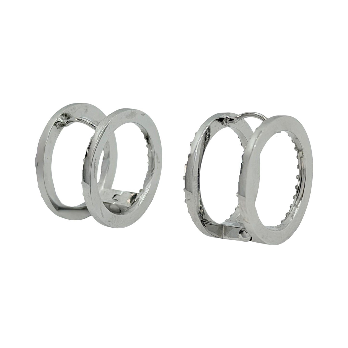 14K White Gold Double Hoop Earrings with CZ Stones