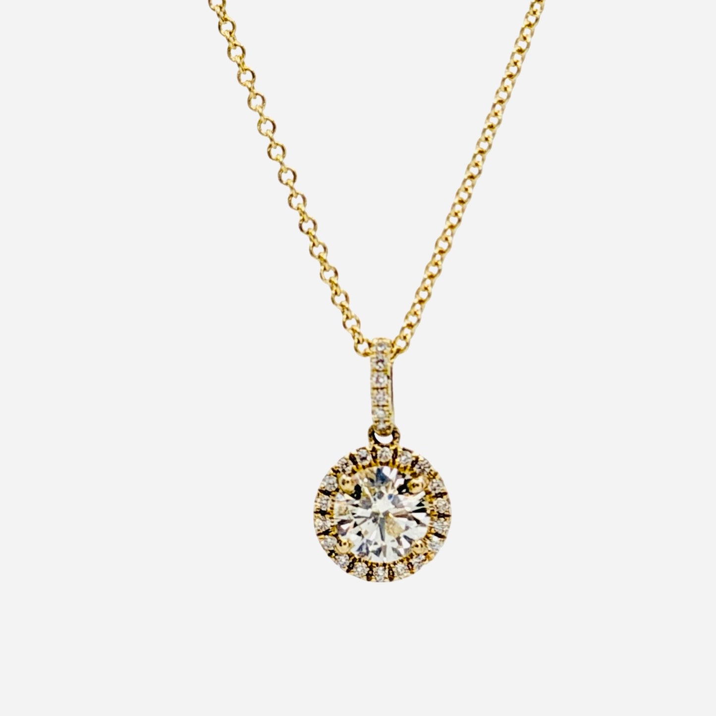14K Yellow Gold Round Diamond Halo Pendant 0.95 Carat TW