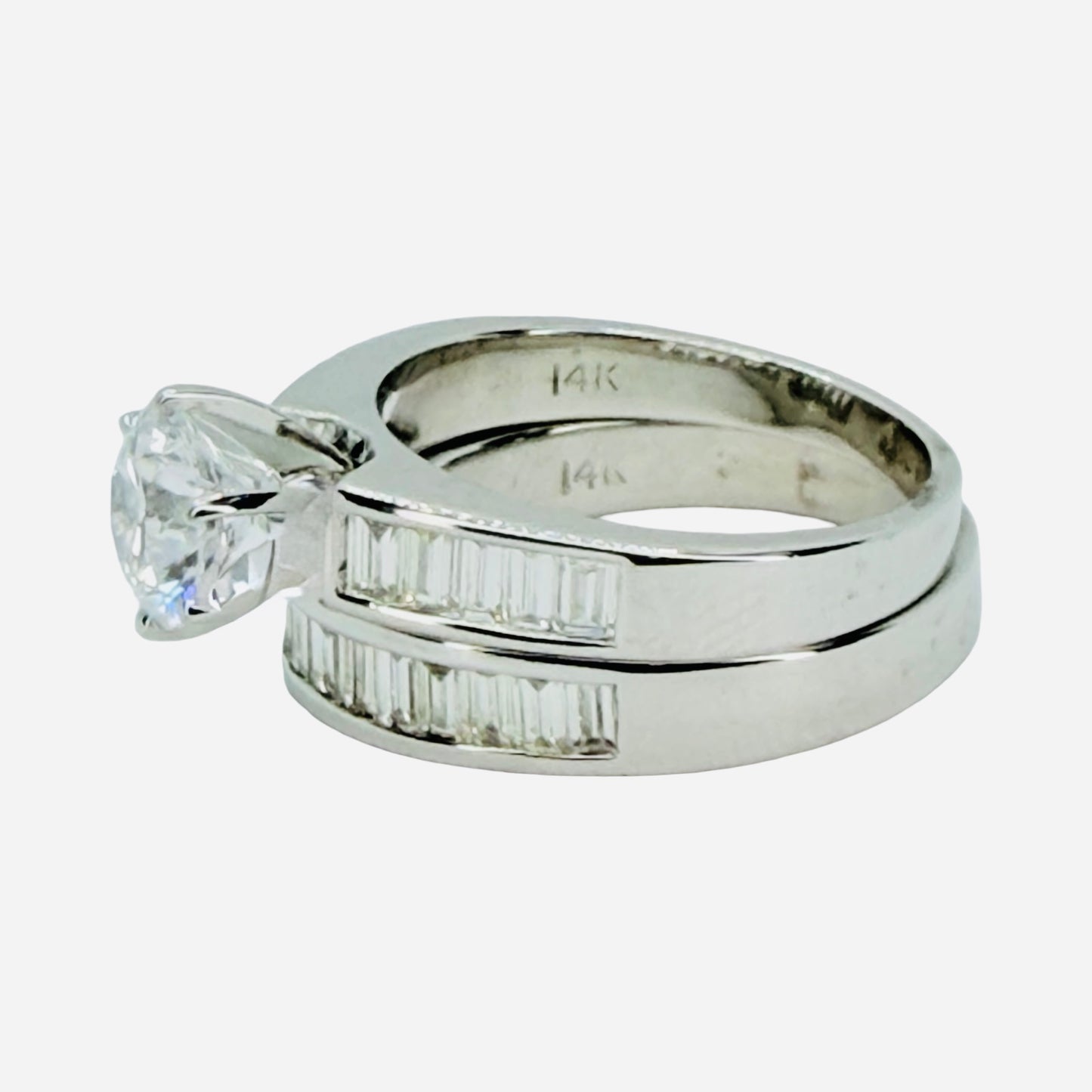 14K White Gold Lab Diamond Wedding Ring Set 1.27 Carats Lab Diamond Center Round and 1.20 Carats Natural Diamond Baguettes