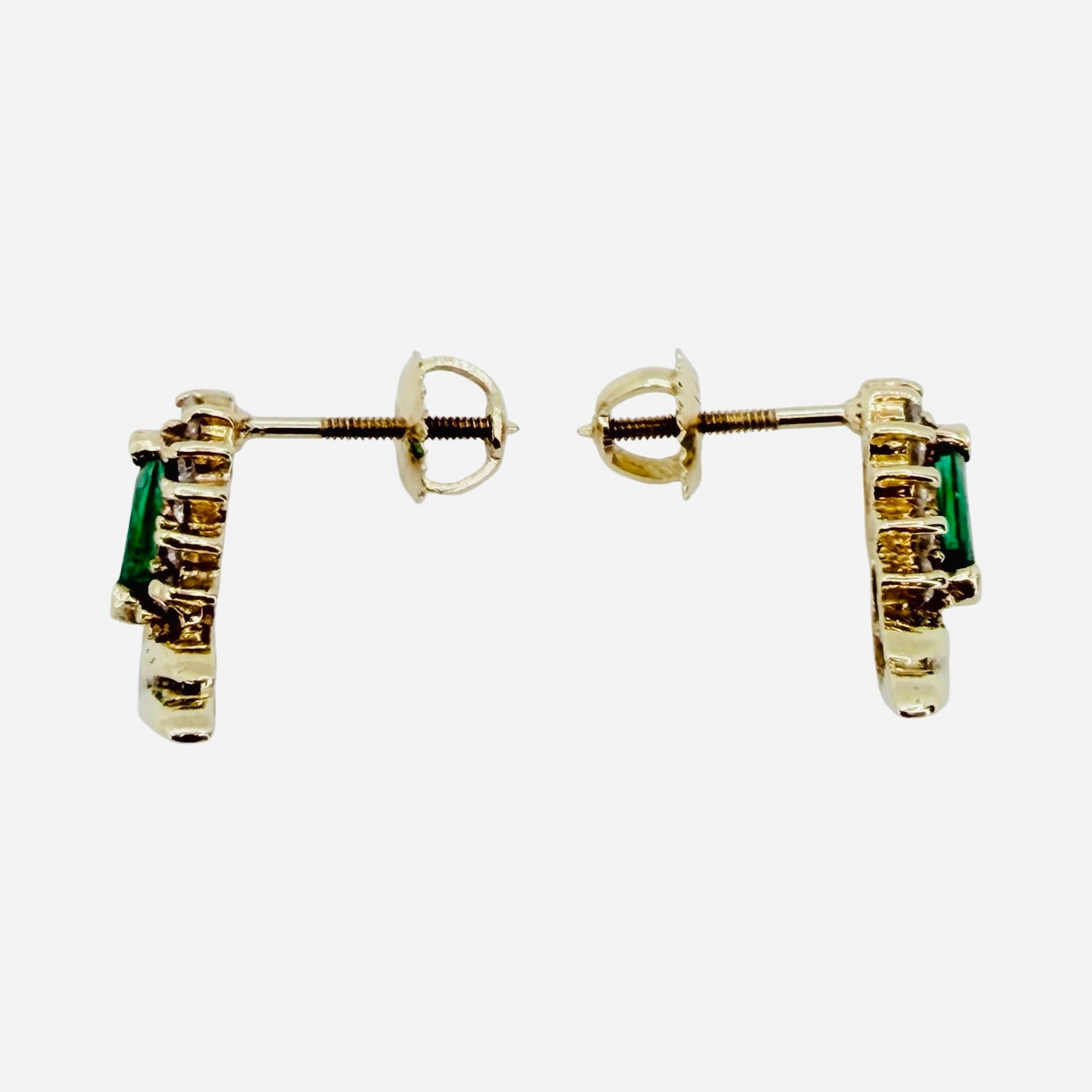 14K Yellow Gold Marquise Cut Green Emerald and Diamonds Earrings
