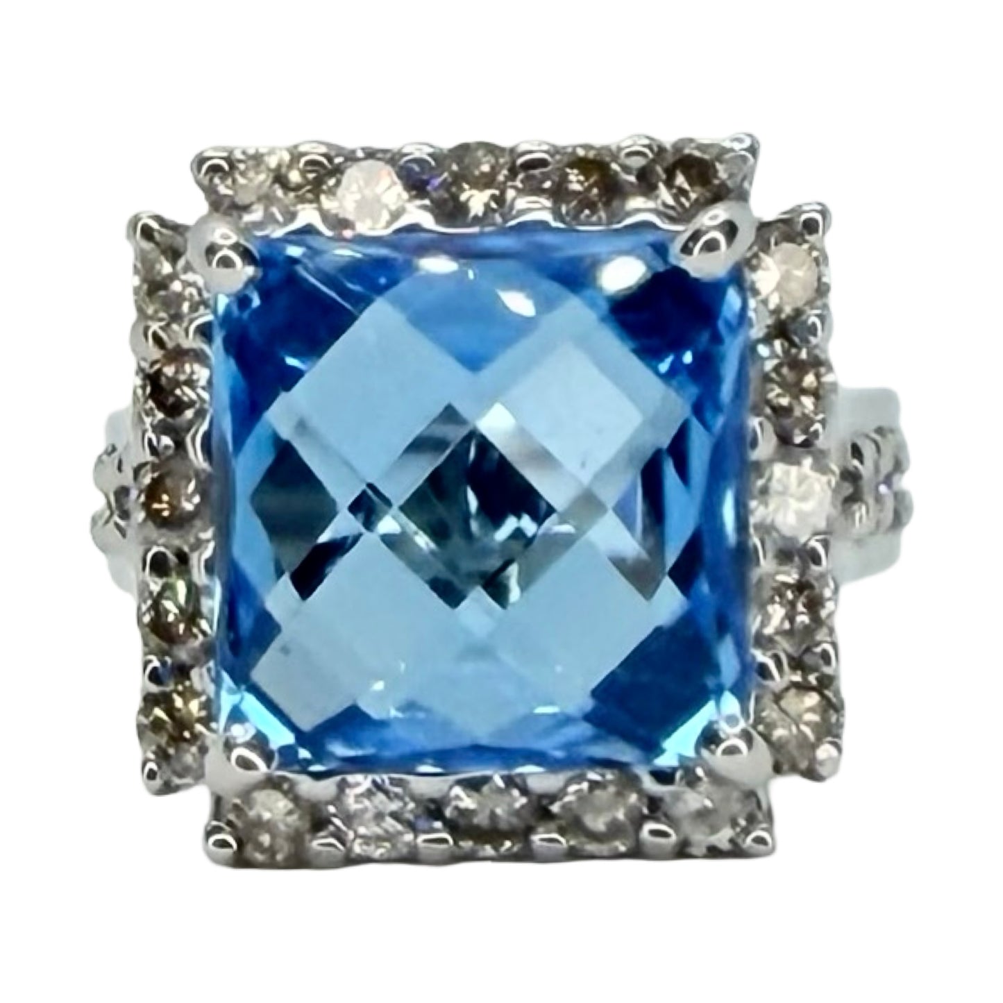 14K White Gold 12.00 Carat Blue Topaz Cocktail Ring 1.20 Carats Diamonds