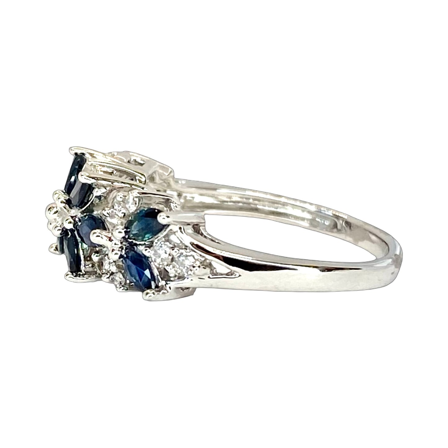 10K White Gold Marquise Blue Sapphires and Diamond Ring