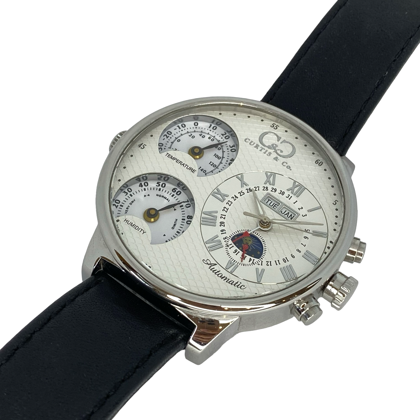 Curtis & Co Big Time Air Watch Automatic Triple Date Limited Edition White Dial  Black Leather Strap