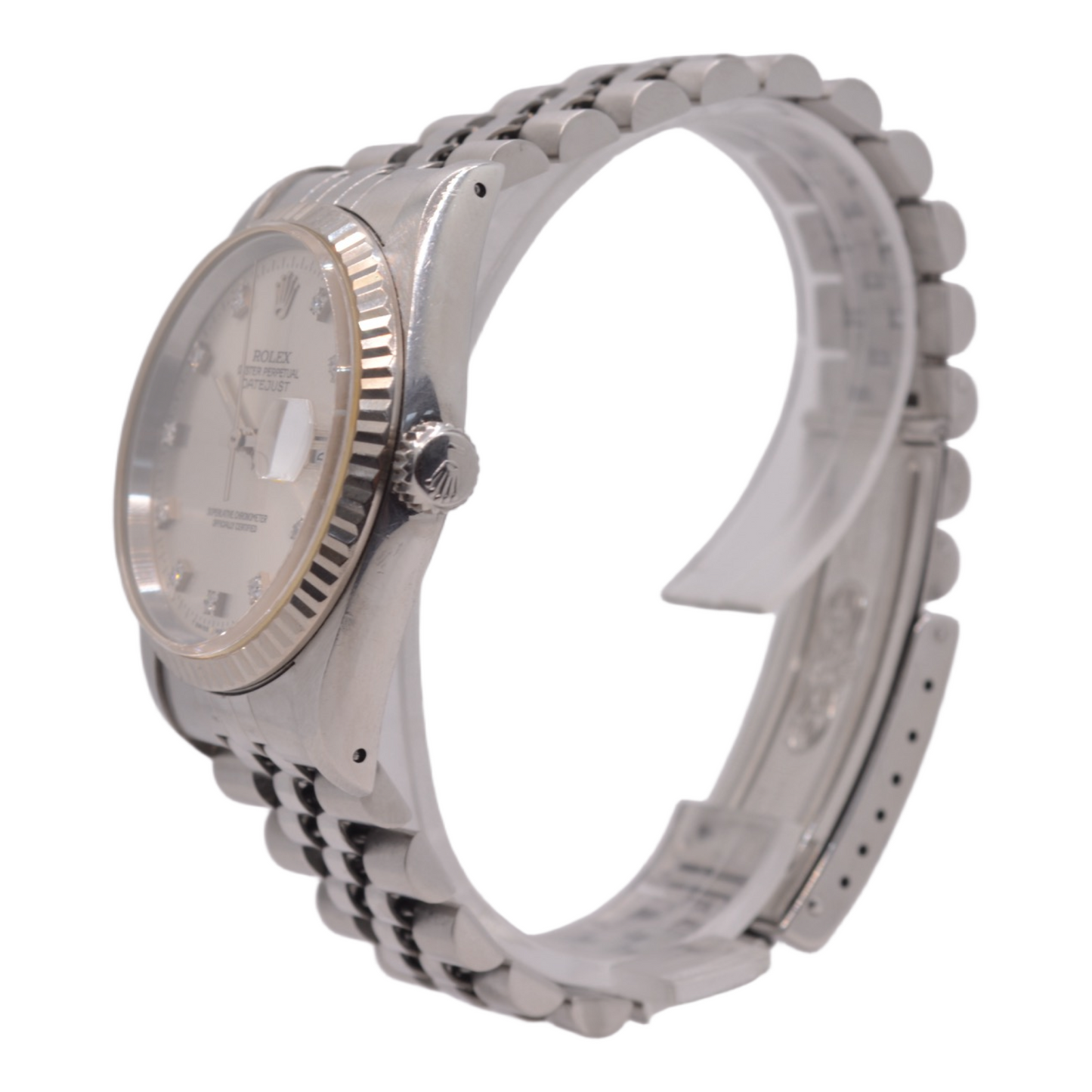 Rolex Datejust 36mm 18K White Gold Fluted Bezel Silver Factory Diamond Dial Jubilee Bracelet 16234 C.1991