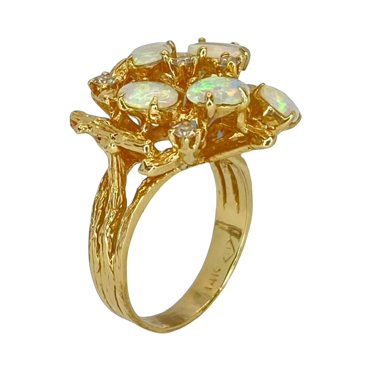 Estate Jewelry 14K Yellow Gold Opal and Diamond Cluster Ring