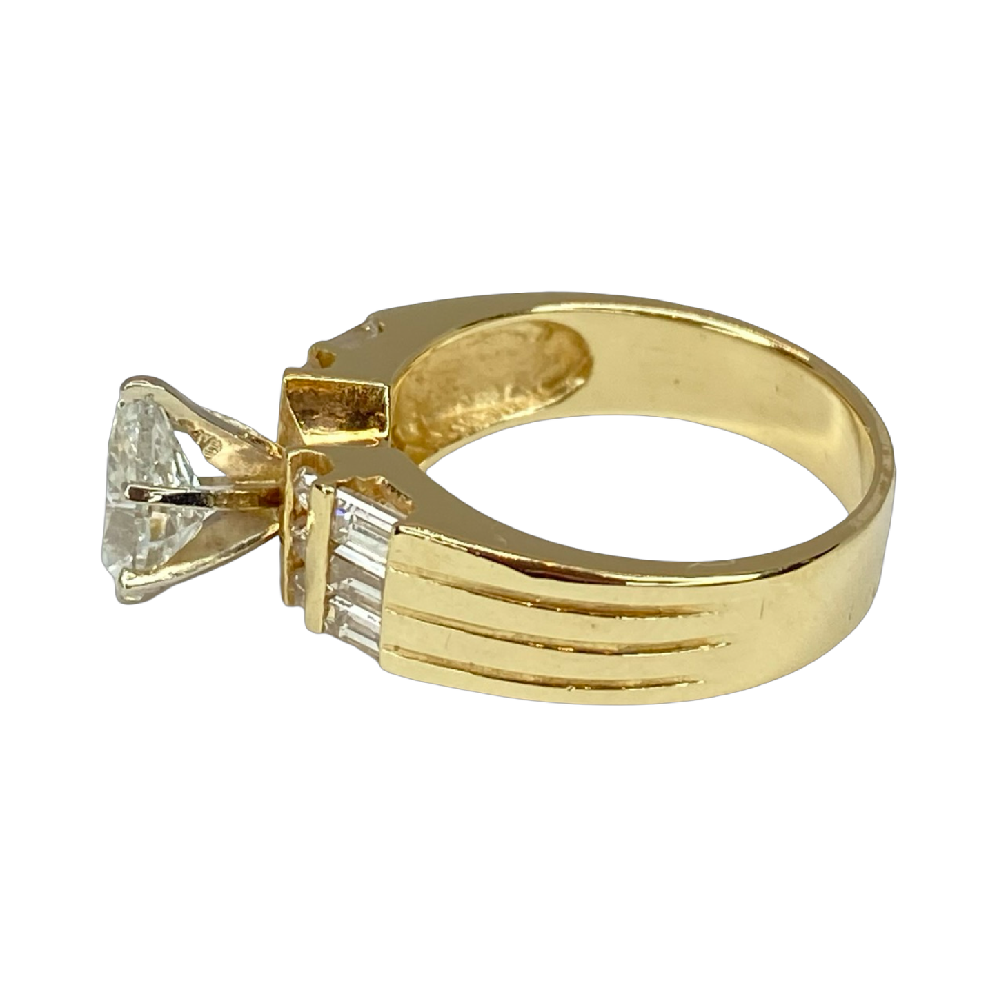 Estate Jewelry 14K Gold Pear Diamond Ring 0.75 Carat and 0.30 Carat Baguettes