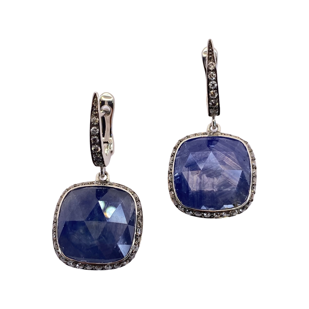 18K White Gold Blue Sapphire & Diamond Dangle Earrings