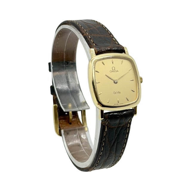 Omega De Ville Quartz 23mm 18K Yellow Gold Case Champagne Dial Brown Croco Strap 595.3111.1