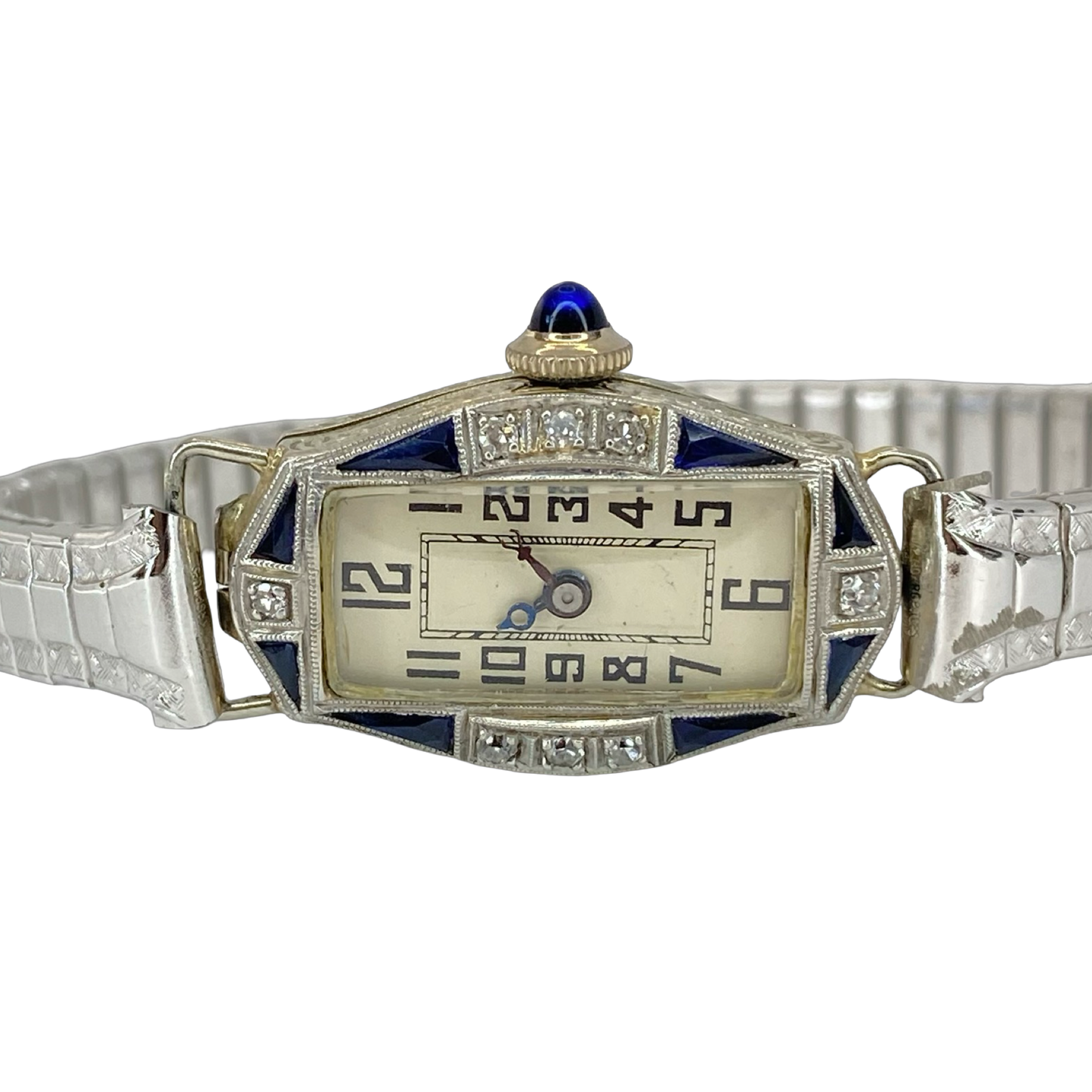 Vintage Ladies 18K/Platinum Art Deco Diamonds and Sapphire Manual Wind Watch