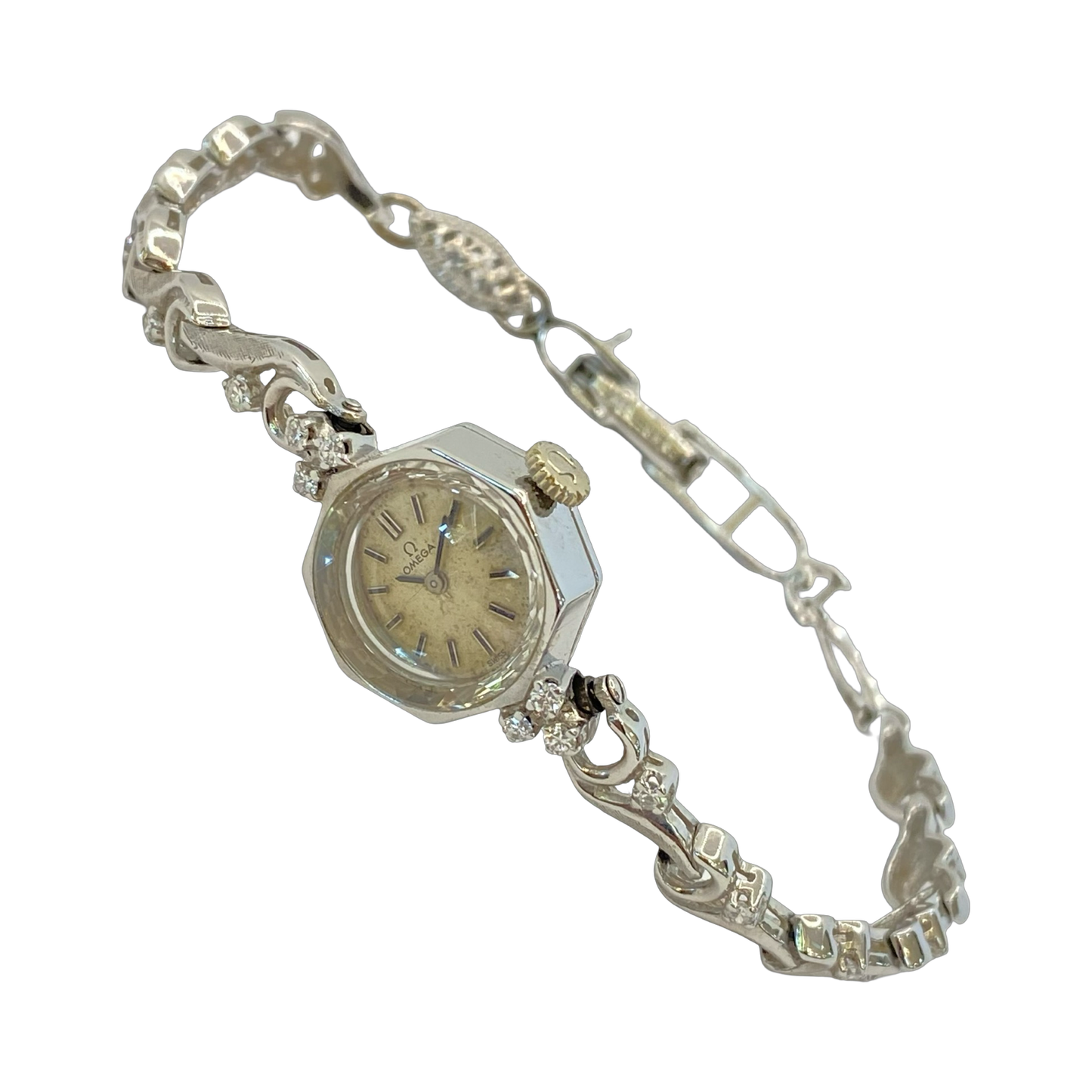 Vintage 14K White Gold Omega Cocktail Watch with Diamonds Manual Wind Ref. EE7446