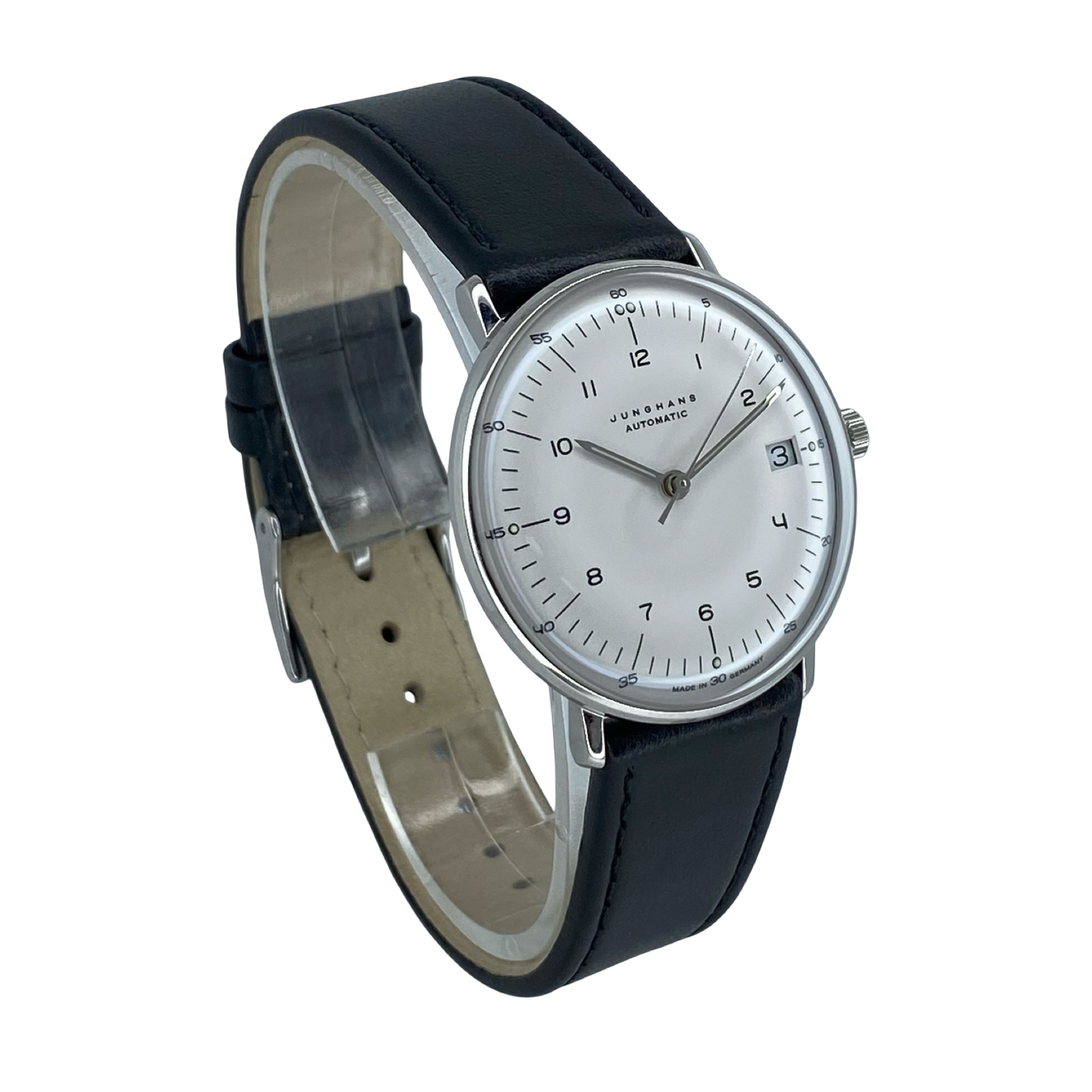 Junghans  Max Bill Automatic Date 34mm Silver Dial Black Leather 24/4107.02