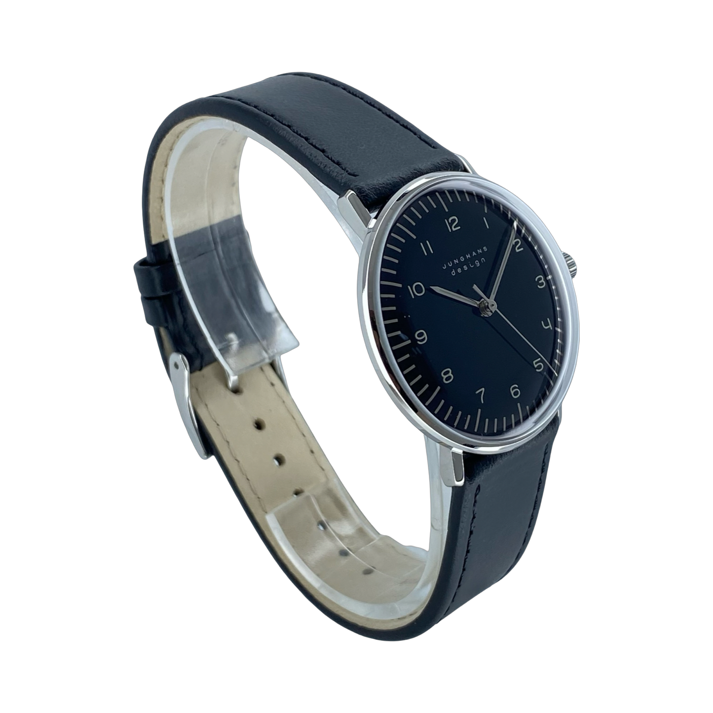 Junghans Max Bill Handaufzug 34mm Black Dial on Black Leather Strap 27/3702.02