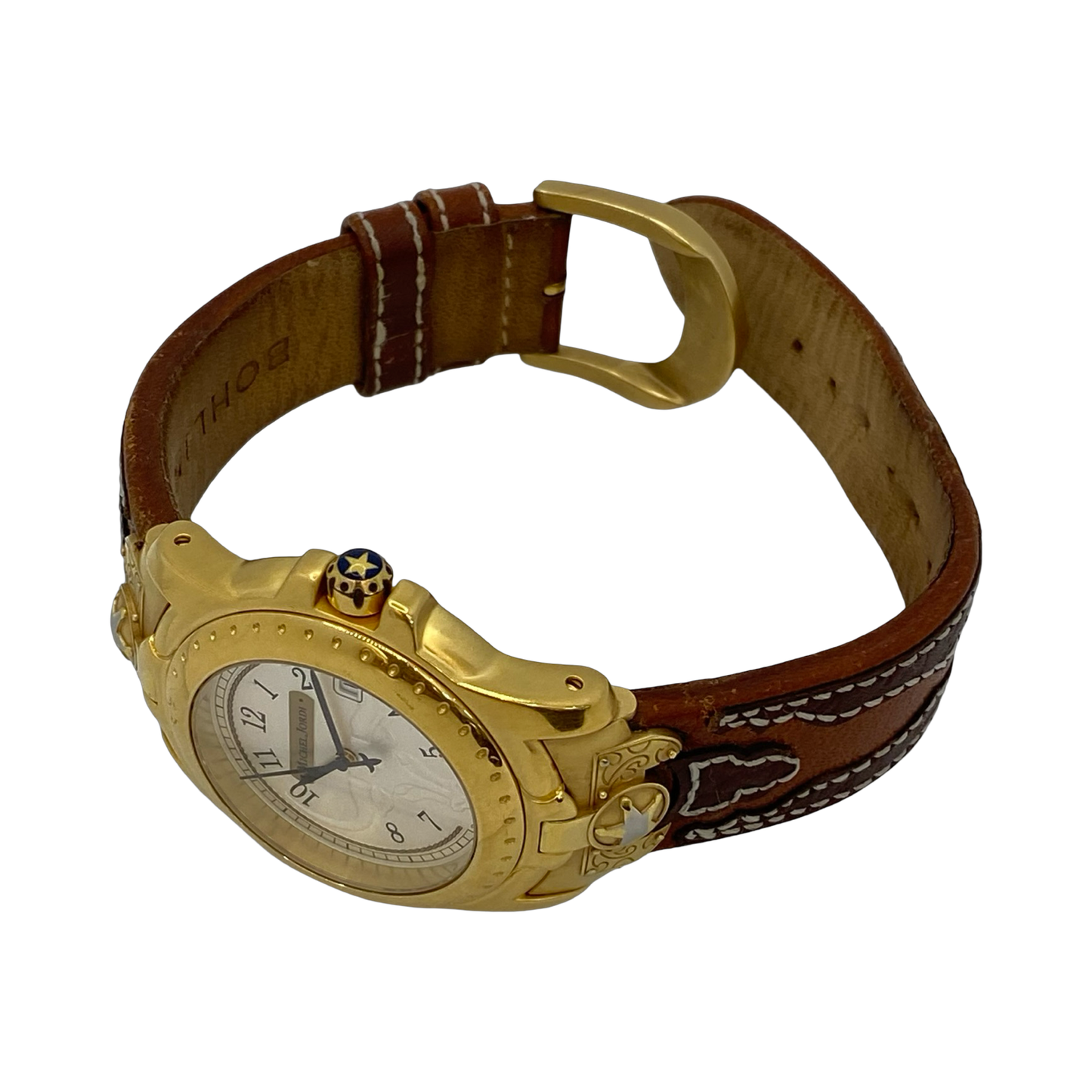 Michel Jordi Spirit of the West Quartz Gold Tone  Brown Leather Strap 8100