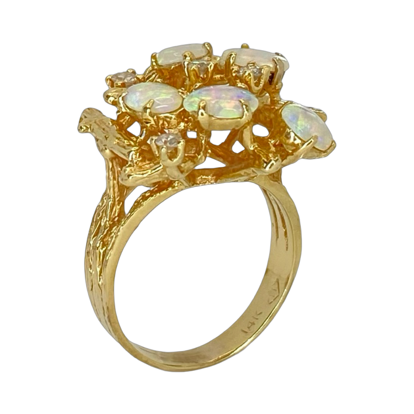 Estate Jewelry 14K Yellow Gold Opal and Diamond Cluster Ring