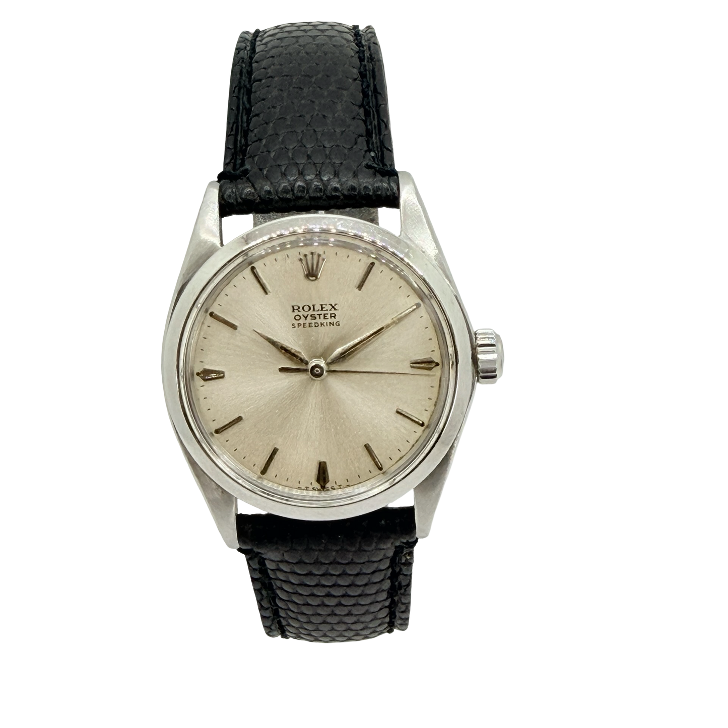 Rolex Oyster Speedking 30mm Silver Sunburt Dial Black Leather Strap Ref. 6430 C.1965