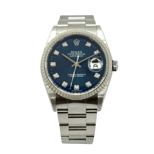 Rolex Datejust 36mm Factory Diamond Blue Dial Fluted Bezel Oystersteel Bracelet 16234
