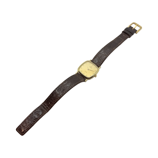 Omega De Ville Quartz 23mm 18K Yellow Gold Case Champagne Dial Brown Croco Strap 595.3111.1