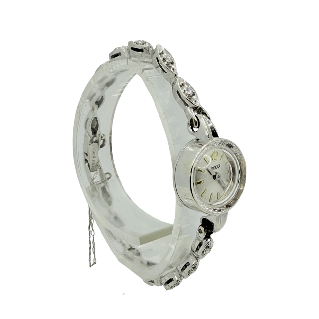 Rolex Vintage Ladies 14K White Gold Cocktail Watch Manual Winding Silver Dial Diamonds on the Bracelet