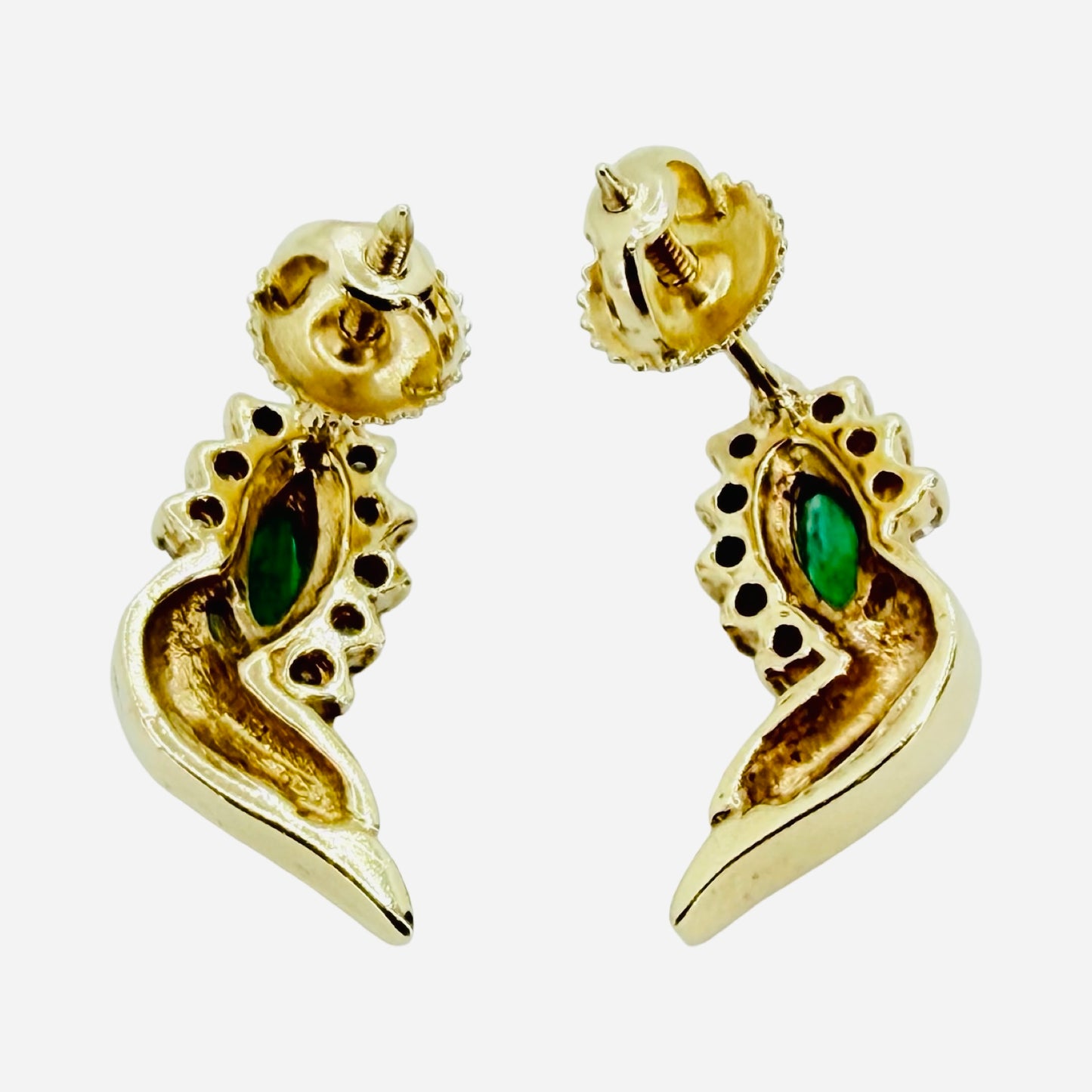14K Yellow Gold Marquise Cut Green Emerald and Diamonds Earrings