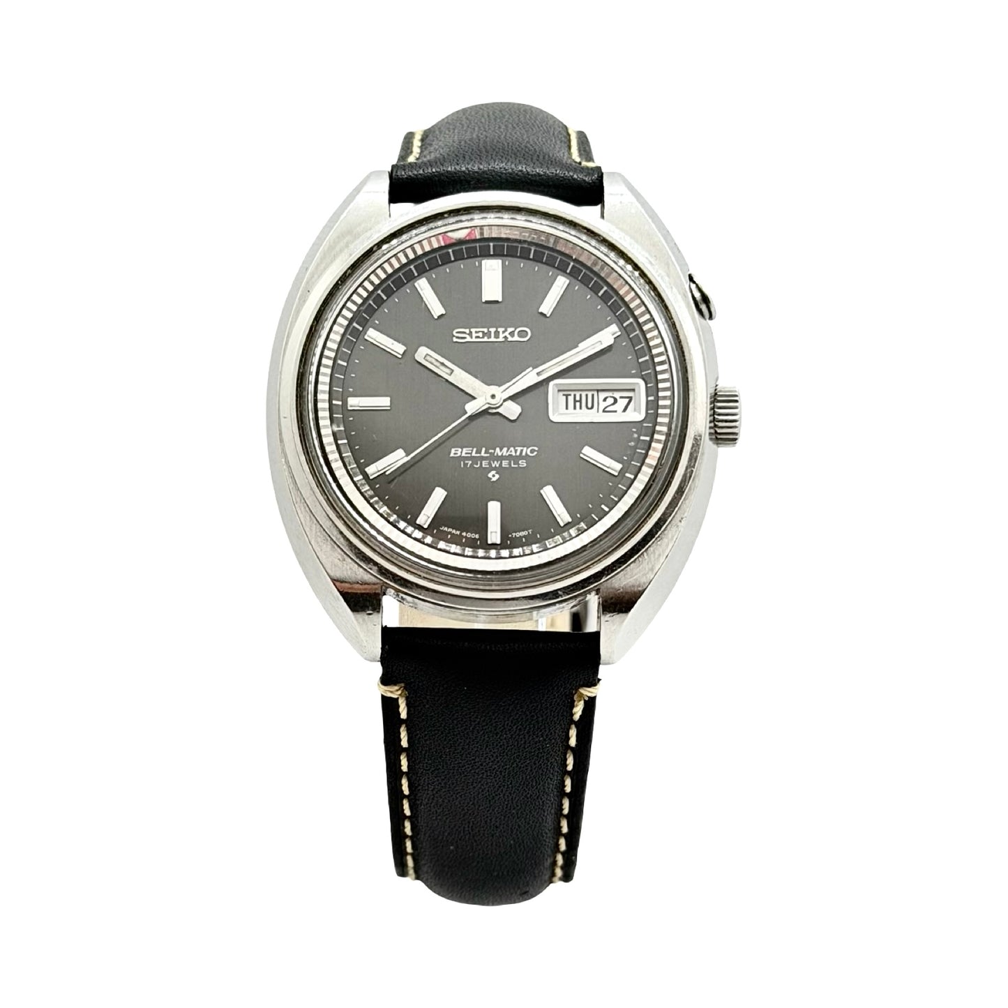 Seiko Bell-Matic Alarm Day Date Steel Case Black Leather 4006-7000 C.1969