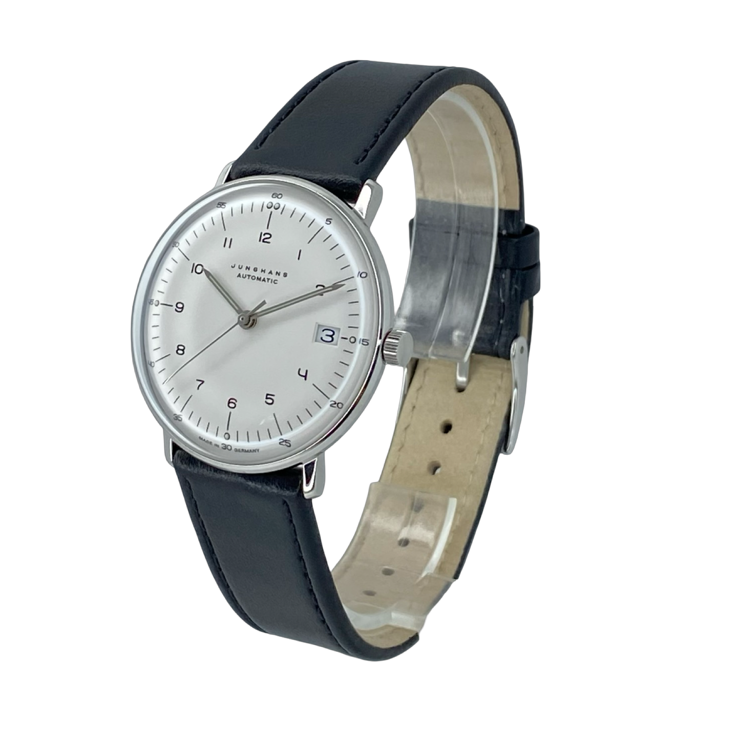 Junghans  Max Bill Automatic Date 34mm Silver Dial Black Leather 24/4107.02