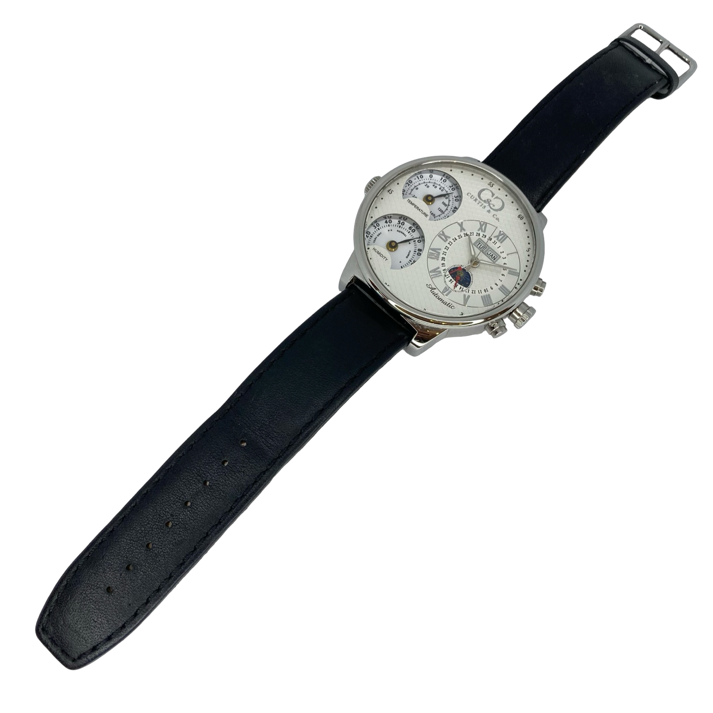 Curtis & Co Big Time Air Watch Automatic Triple Date Limited Edition White Dial  Black Leather Strap