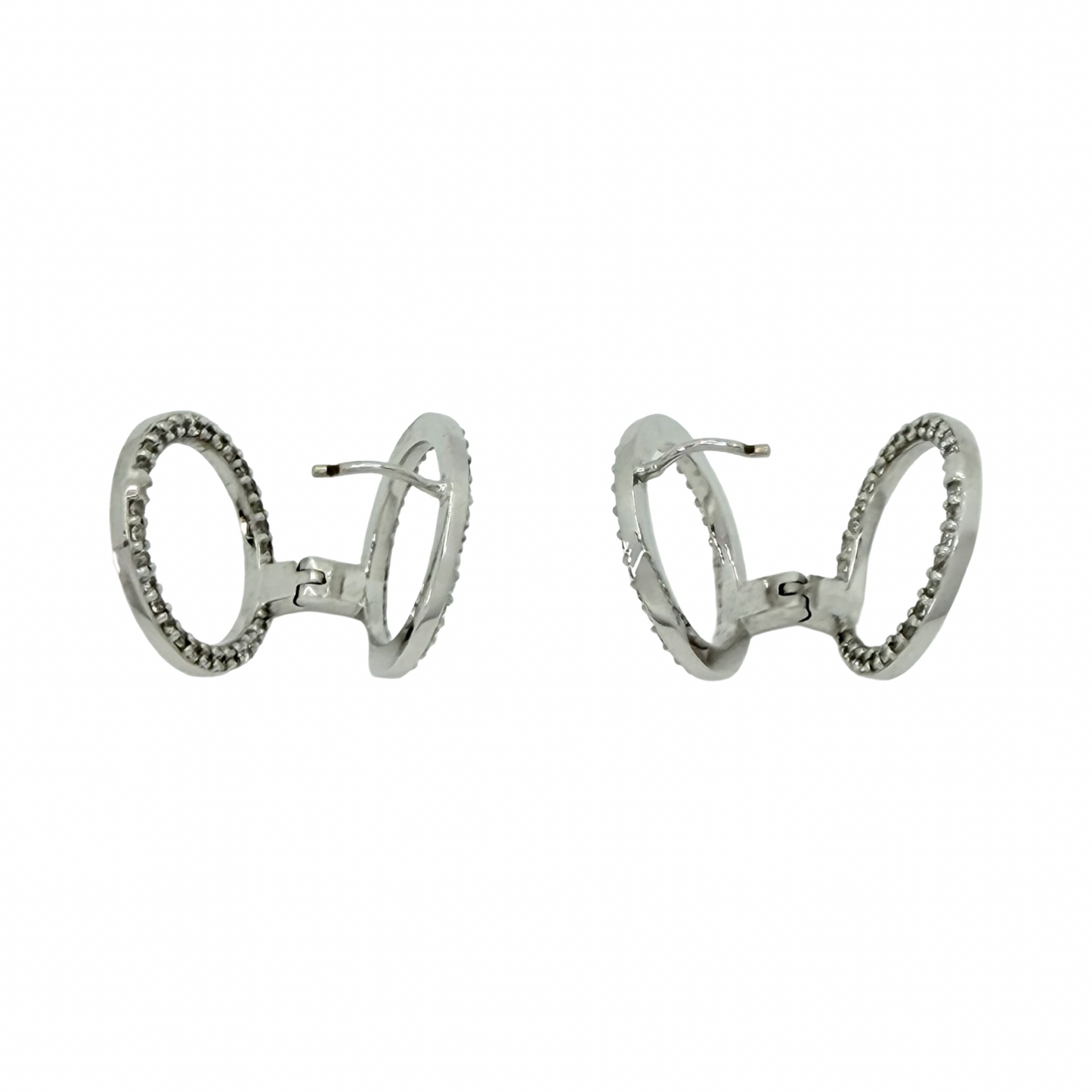 14K White Gold Double Hoop Earrings with CZ Stones