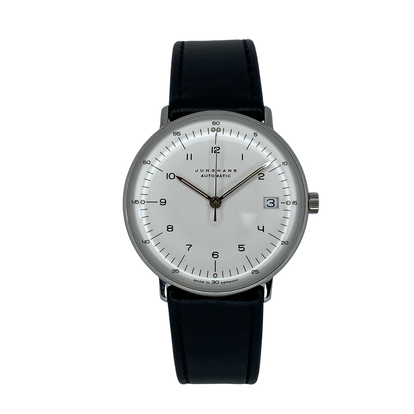 Junghans  Max Bill Automatic Date 34mm Silver Dial Black Leather 24/4107.02