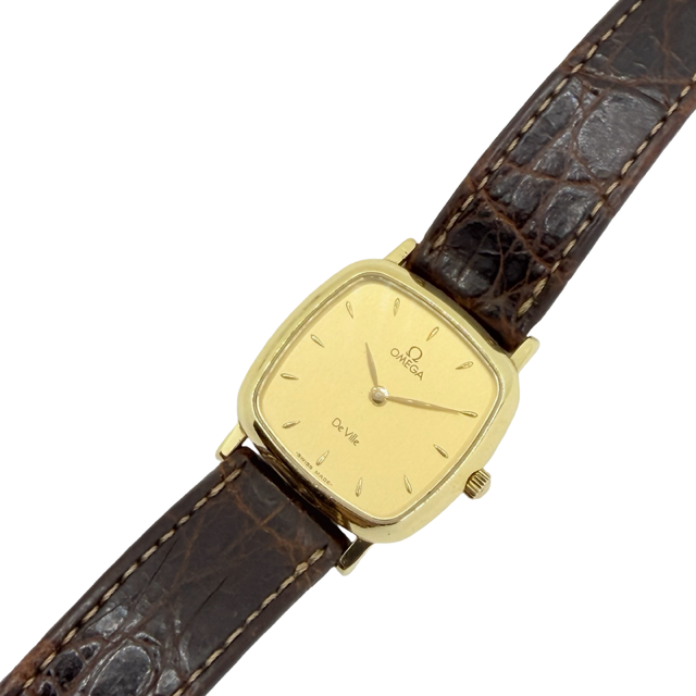 Omega De Ville Quartz 23mm 18K Yellow Gold Case Champagne Dial Brown Croco Strap 595.3111.1