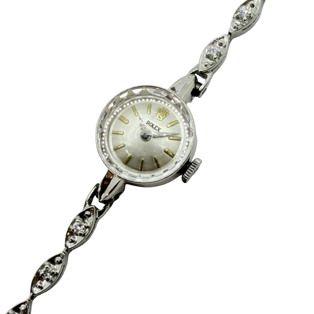 Rolex Vintage Ladies 14K White Gold Cocktail Watch Manual Winding Silver Dial Diamonds on the Bracelet