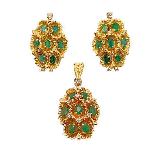 Estate Jewelry 14K Yellow Gold Emerald Cluster Earrings and Pendant Set