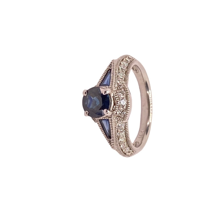 14K White Gold Blue Sapphire and Diamond Ring