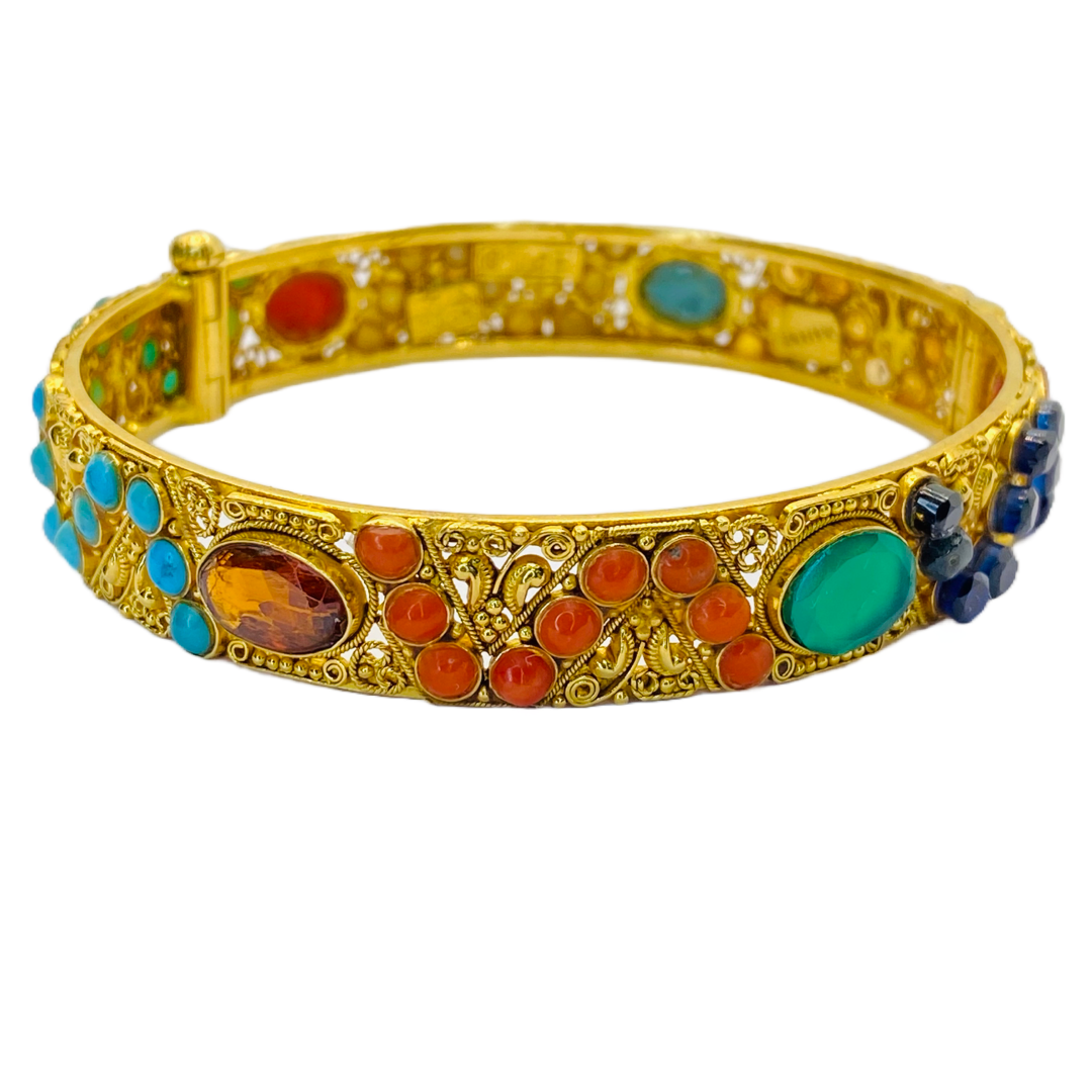 Estate Jewelry 22K Gold Multi Gemstone Bangle Bracelet