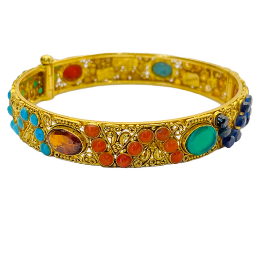 Estate Jewelry 22K Gold Multi Gemstone Bangle Bracelet