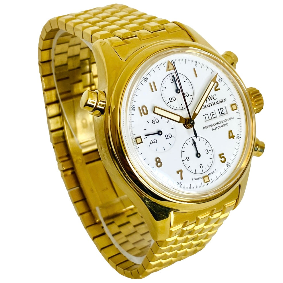 IWC Pilot 18K Yellow Gold Doppelchronograph Split Second Day/Date White Dial IW3713