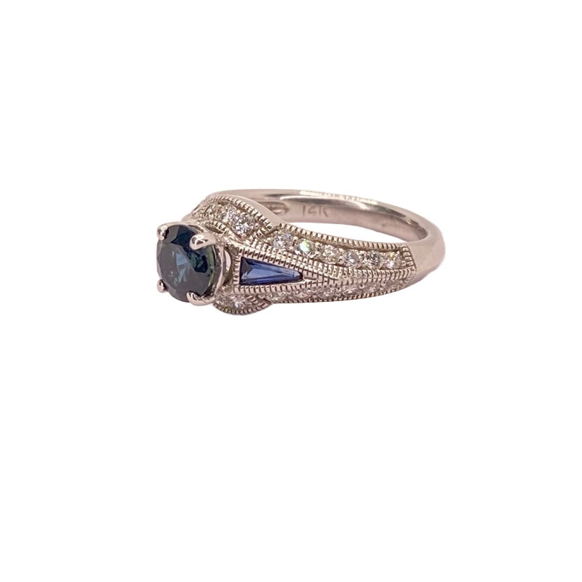 14K White Gold Blue Sapphire and Diamond Ring