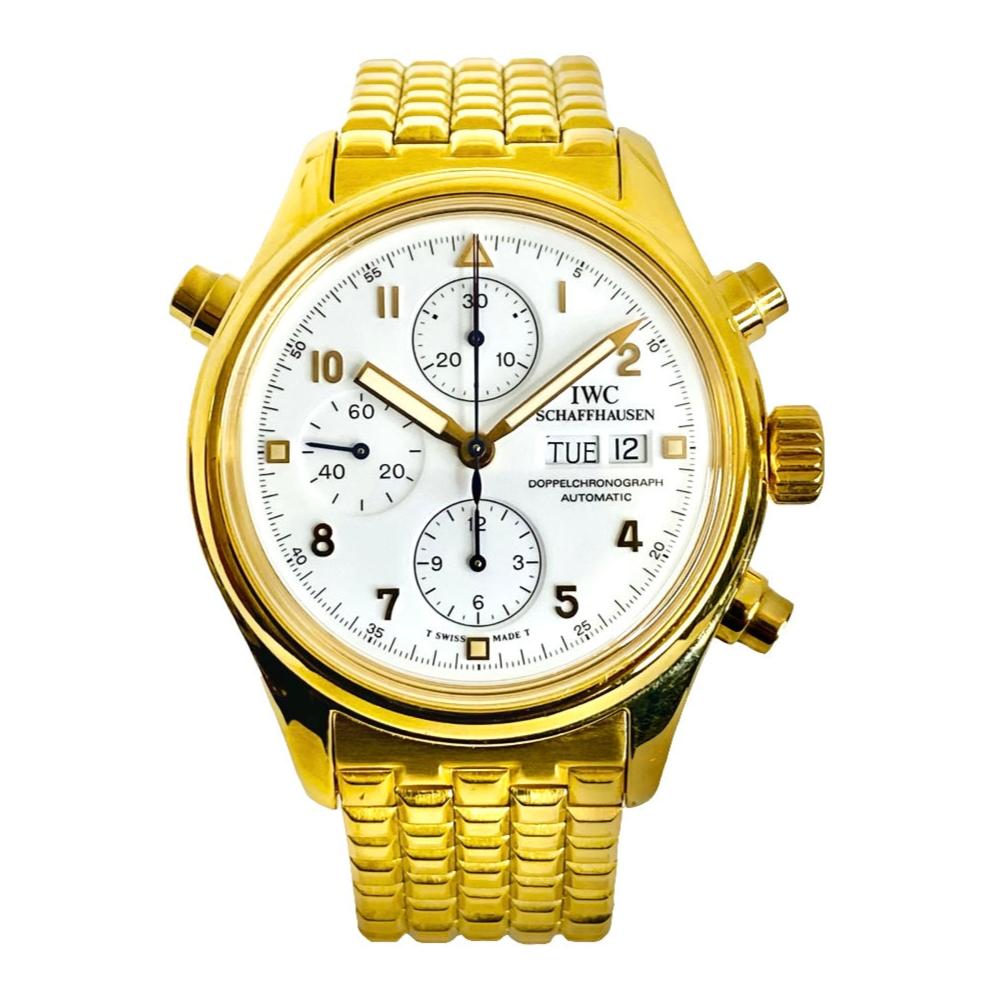 IWC Pilot 18K Yellow Gold Doppelchronograph Split Second Day/Date White Dial IW3713