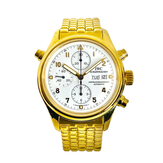IWC Pilot 18K Yellow Gold Doppelchronograph Split Second Day/Date White Dial IW3713