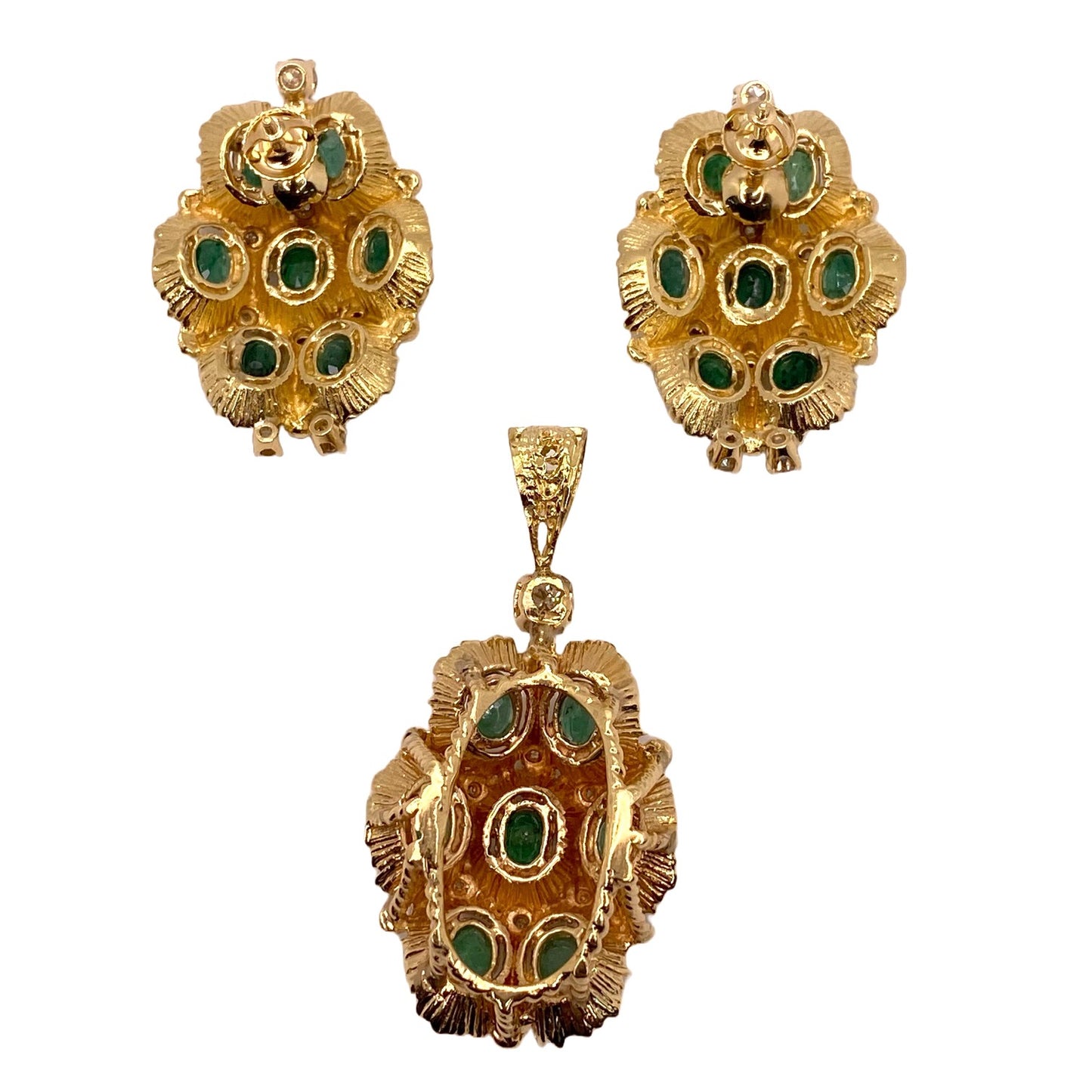 Estate Jewelry 14K Yellow Gold Emerald Cluster Earrings and Pendant Set