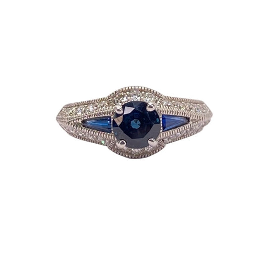 14K White Gold Blue Sapphire and Diamond Ring