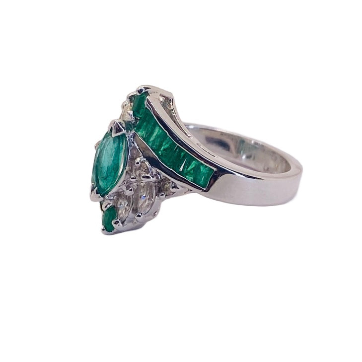 Estate Jewelry 14K White Gold Marquise and Baguette Emerald Ring