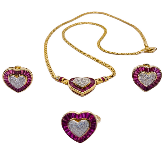 Estate Jewelry 14K Yellow Gold Rubies and Diamond Heart Necklace, Ring and Earring Set