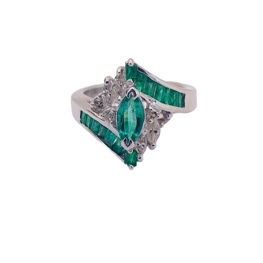 14K White Gold Marquise and Baguette Emerald Ring