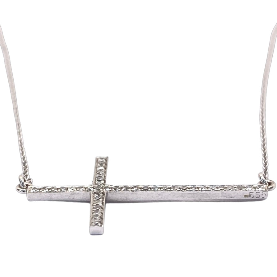 14K White Gold Sideways Cross Necklace